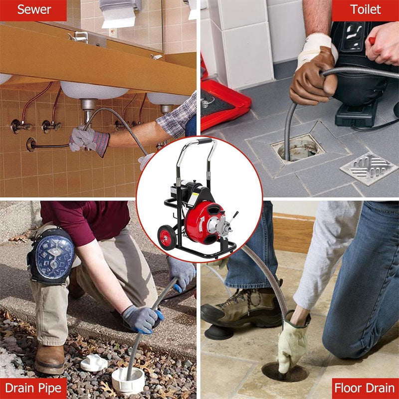 Drain Cleaning Machine 100FT x 3/8 Inch with 4 Cutters & Foot Switch and Pair of Gloves for Sewer, Bathroom,Sink and Shower