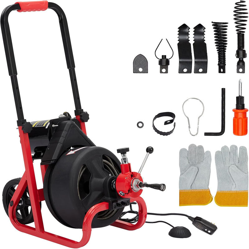 75FT x 1/2 Inch Drain Cleaner Machine with 6 Cutters and Gloves Portable Sewer Snake Auger Cleaner for 2 to 4 Inch Pipes