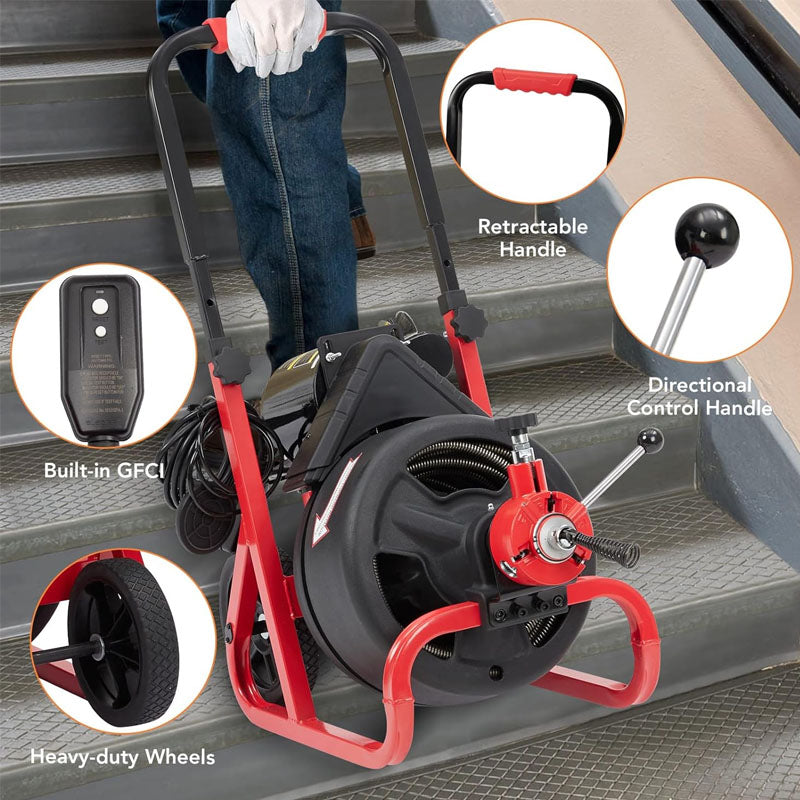 75FT x 1/2 Inch Drain Cleaner Machine with 6 Cutters and Gloves Portable Sewer Snake Auger Cleaner for 2 to 4 Inch Pipes