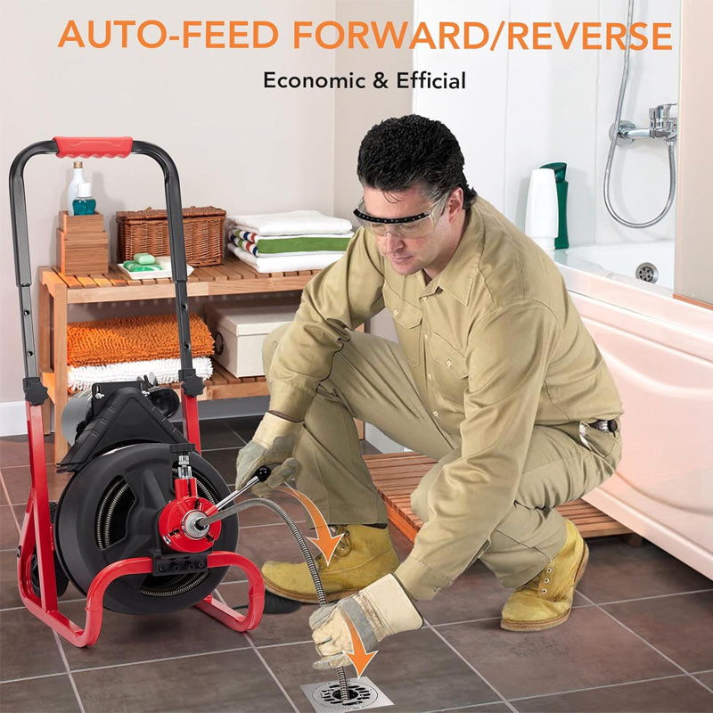 75FT x 1/2 Inch Drain Cleaner Machine with 6 Cutters and Gloves Portable Sewer Snake Auger Cleaner for 2 to 4 Inch Pipes