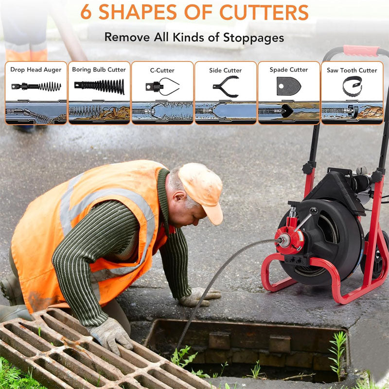 75FT x 1/2 Inch Drain Cleaner Machine with 6 Cutters and Gloves Portable Sewer Snake Auger Cleaner for 2 to 4 Inch Pipes