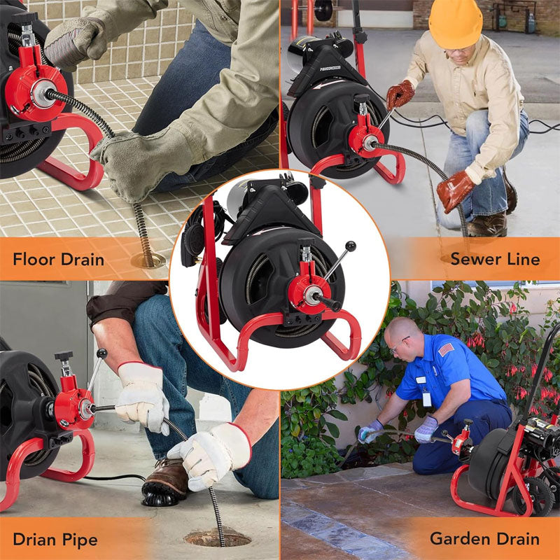 75FT x 1/2 Inch Drain Cleaner Machine with 6 Cutters and Gloves Portable Sewer Snake Auger Cleaner for 2 to 4 Inch Pipes