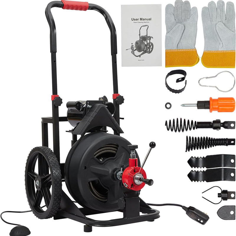 Drain Cleaner Machine 100FT x 1/2 Inch with 6 Cutters and Gloves Heavy-duty Drain Auger Cleaner Sewer Snake for 1 to 4 Inch Pipes