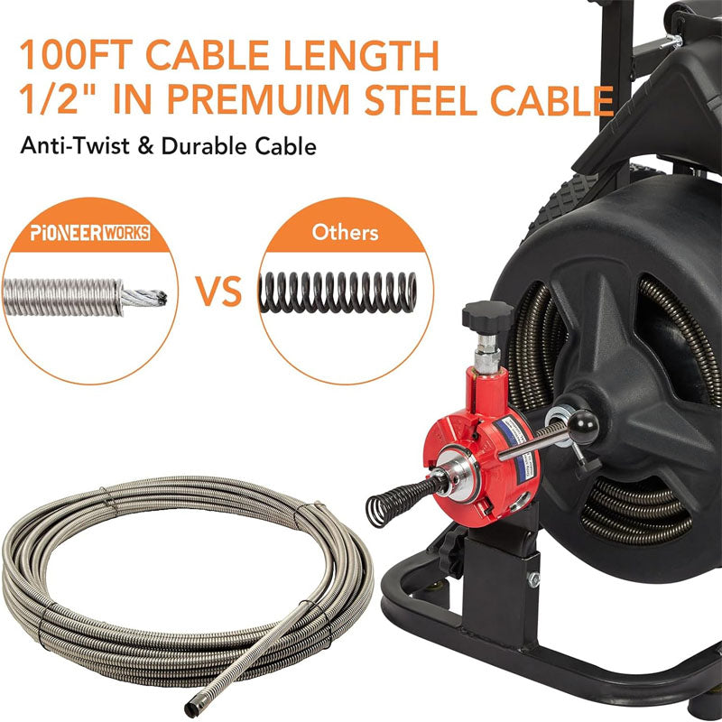 Drain Cleaner Machine 100FT x 1/2 Inch with 6 Cutters and Gloves Heavy-duty Drain Auger Cleaner Sewer Snake for 1 to 4 Inch Pipes