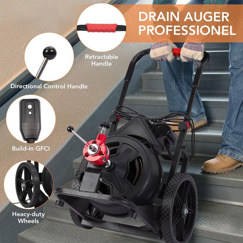 Drain Cleaner Machine 100FT x 1/2 Inch with 6 Cutters and Gloves Heavy-duty Drain Auger Cleaner Sewer Snake for 1 to 4 Inch Pipes