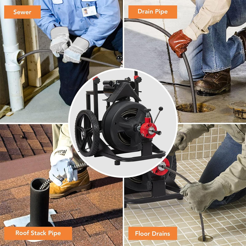 Drain Cleaner Machine 100FT x 1/2 Inch with 6 Cutters and Gloves Heavy-duty Drain Auger Cleaner Sewer Snake for 1 to 4 Inch Pipes