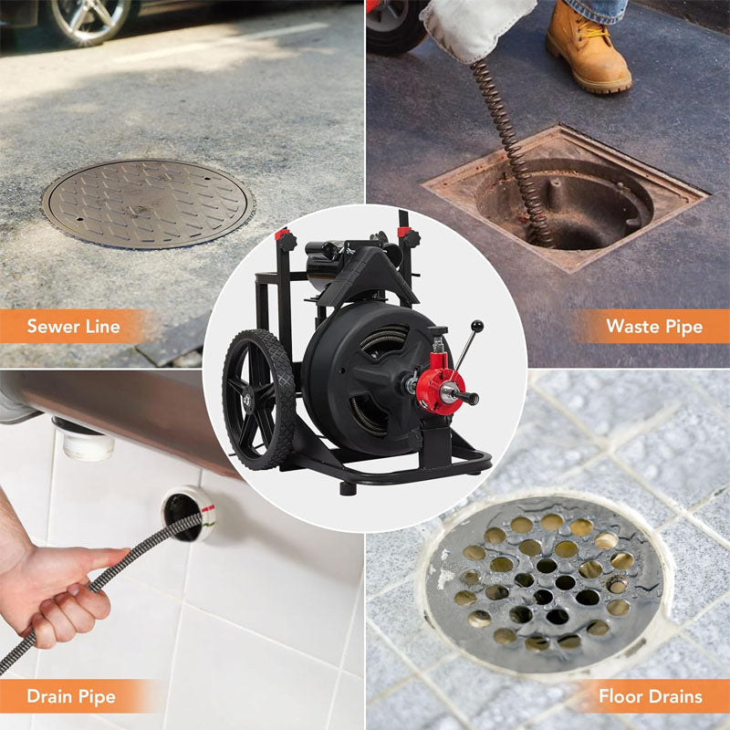 Drain Cleaner Machine 100FT x 1/2 Inch with 6 Cutters and Gloves Heavy-duty Drain Auger Cleaner Sewer Snake for 1 to 4 Inch Pipes