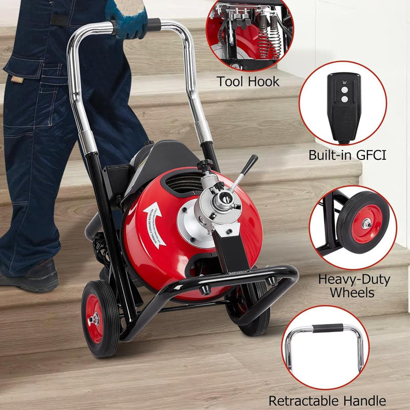 Drain Cleaning Machine 100FT x 3/8 Inch with 4 Cutters & Foot Switch and Pair of Gloves for Sewer, Bathroom,Sink and Shower