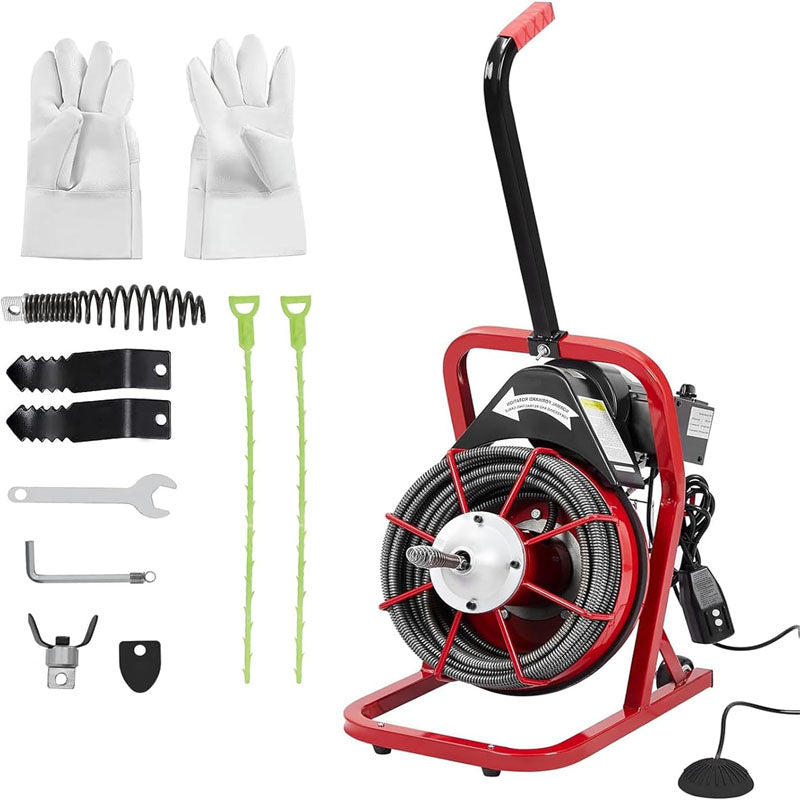 Drain Cleaner Machine 75FT x 3/8 Inch for 1 to 4 Inch Pipes with 6 Cutters and Gloves Sewer Snake Drain Auger Cleaner with Foot Switch