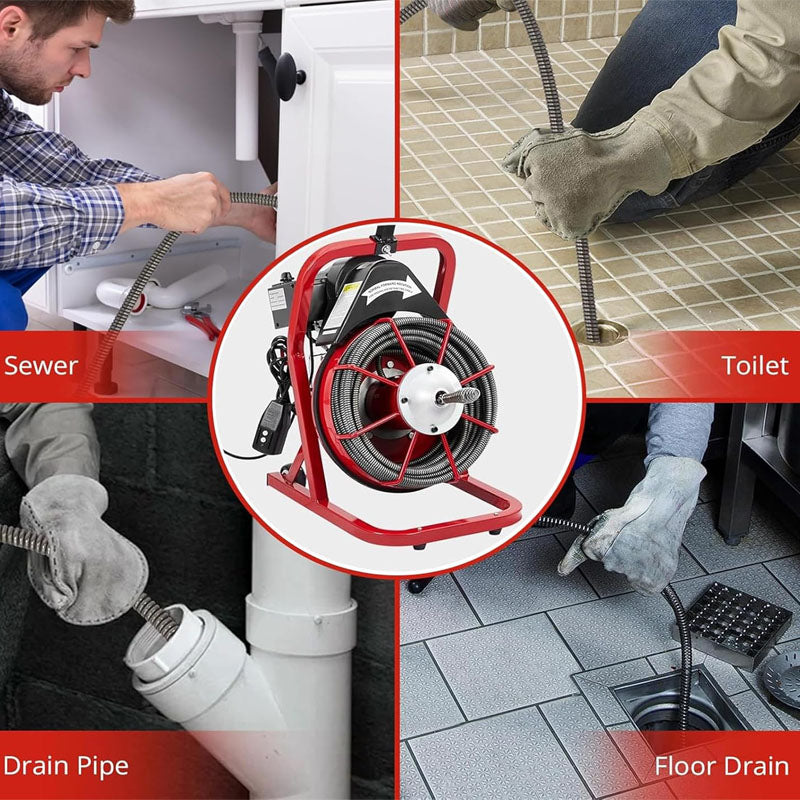 Drain Cleaner Machine 75FT x 3/8 Inch for 1 to 4 Inch Pipes with 6 Cutters and Gloves Sewer Snake Drain Auger Cleaner with Foot Switch