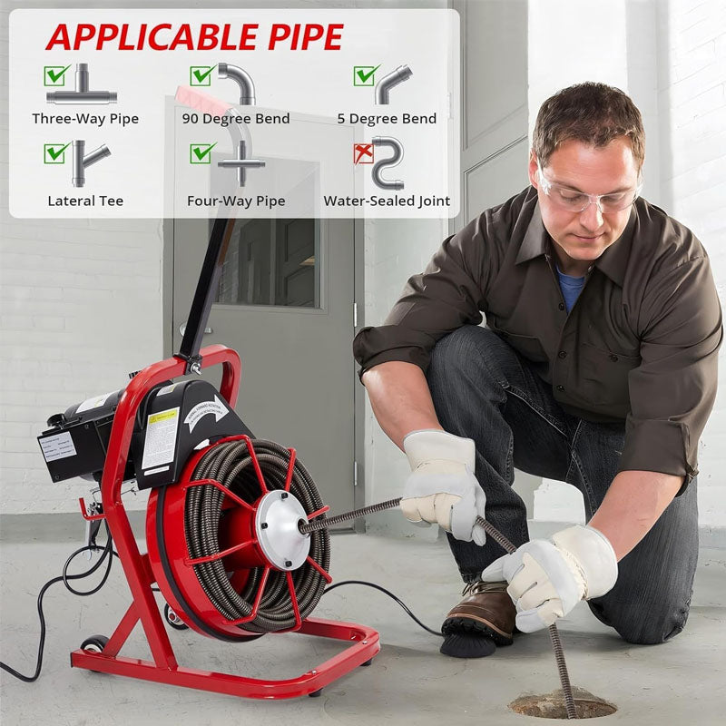 Drain Cleaner Machine 75FT x 3/8 Inch for 1 to 4 Inch Pipes with 6 Cutters and Gloves Sewer Snake Drain Auger Cleaner with Foot Switch