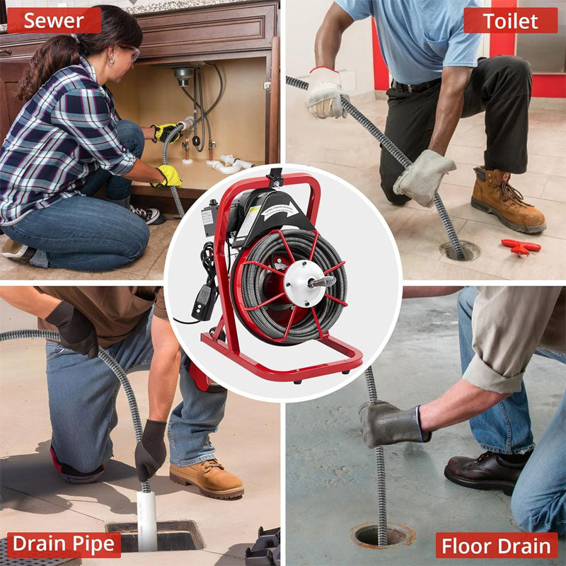 50FT x 3/8 Inch Drain Cleaner Machine for 1 to 4 Inch Pipes with 4 Cutters and Gloves Sewer Auger Auto Feed with Foot Switch