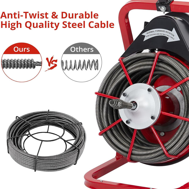 50FT x 3/8 Inch Drain Cleaner Machine for 1 to 4 Inch Pipes with 4 Cutters and Gloves Sewer Auger Auto Feed with Foot Switch