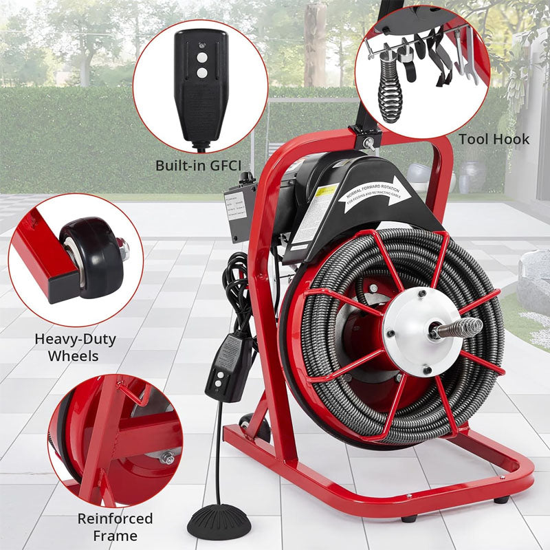 50FT x 3/8 Inch Drain Cleaner Machine for 1 to 4 Inch Pipes with 4 Cutters and Gloves Sewer Auger Auto Feed with Foot Switch