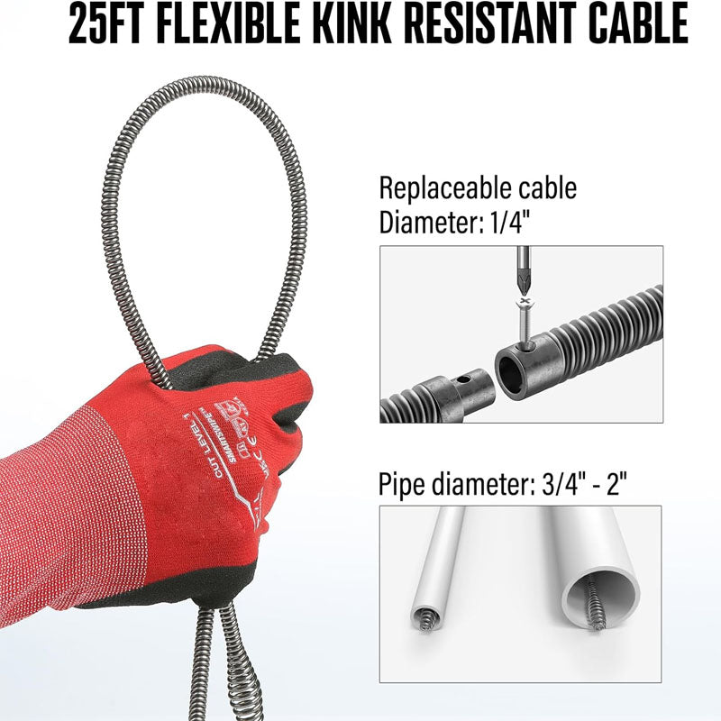 25FT Drain Cleaner Machine 20V Electric Drain Auger for Toilet Sewer Bathroom Sink and Shower