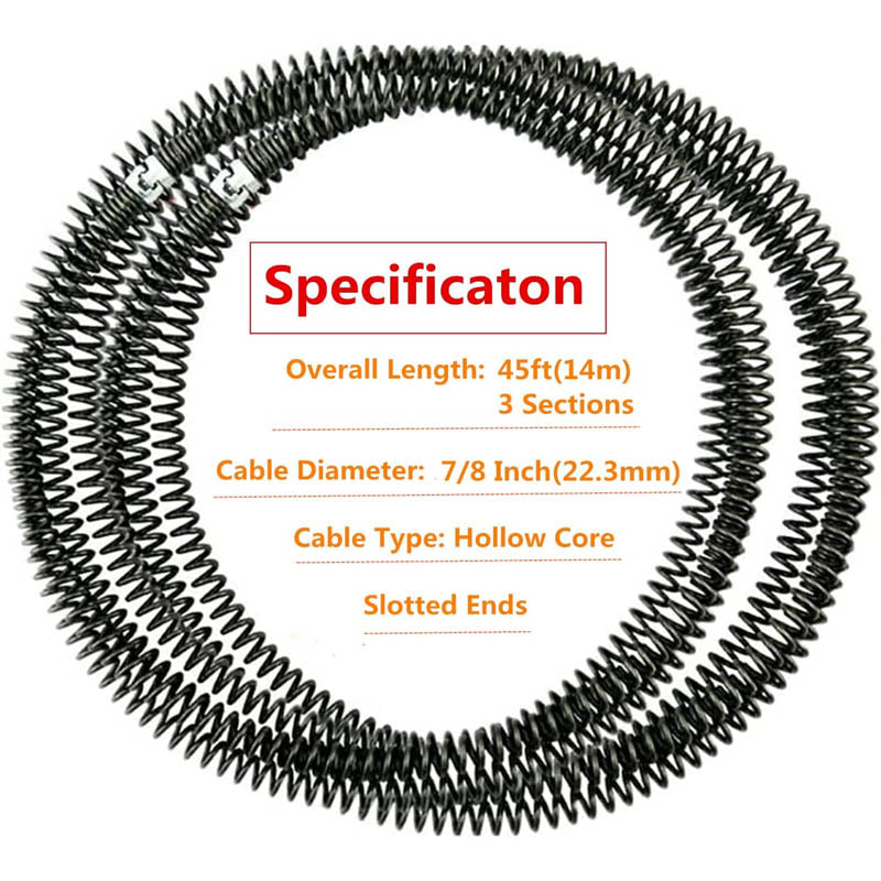 Drain Cleaning Equipment 45 Feet x 7/8 Inch Hollow Core Cable Sewer Cable with 6 Cutters for Sink, Floor Drain, Toilet