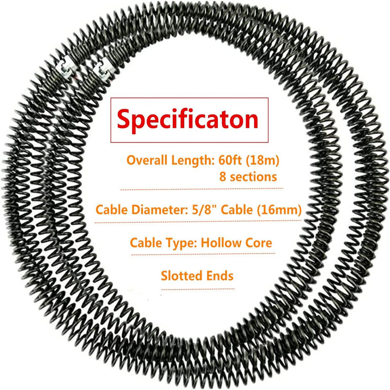 60 Feet x 5/8 Inch Drain Cleaning Equipment Drain Auger Cable Cleaner Sewer Drain Auger Snake Pipe for Sink Floor Drain Toilet