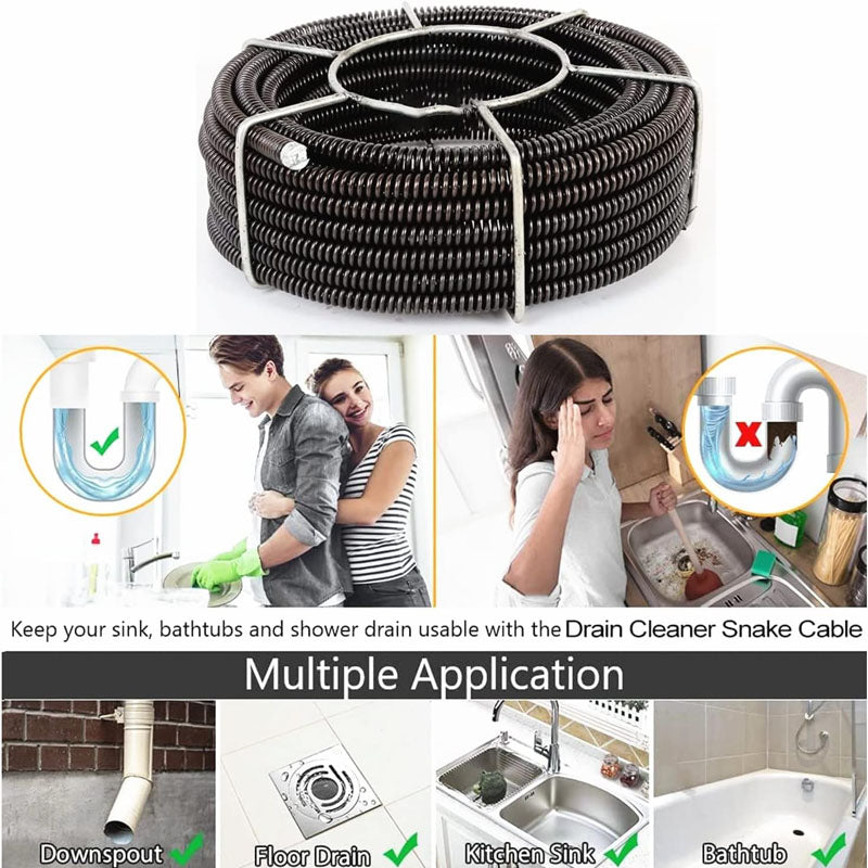 60 Feet x 5/8 Inch Drain Cleaning Equipment Drain Auger Cable Cleaner Sewer Drain Auger Snake Pipe for Sink Floor Drain Toilet
