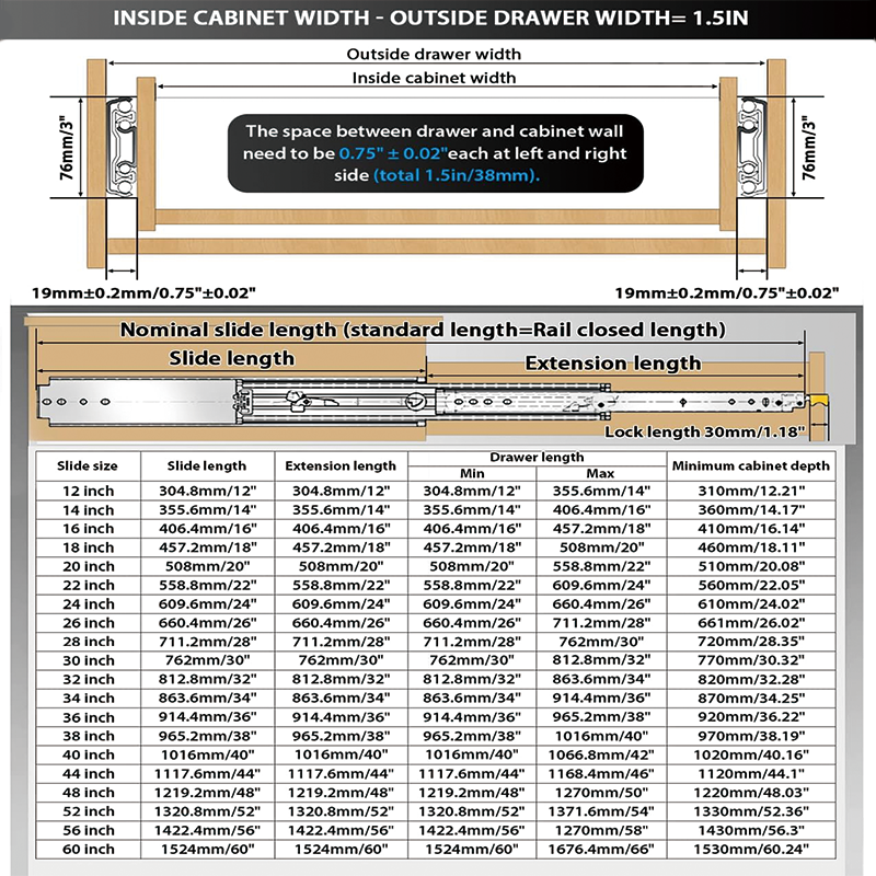 Heavy Duty Drawer Slides with Lock 24" Length,Full Extension Side Mount Ball Bearing Locking Rails Track Glides Runners Load 485 Lbs,1 Pair