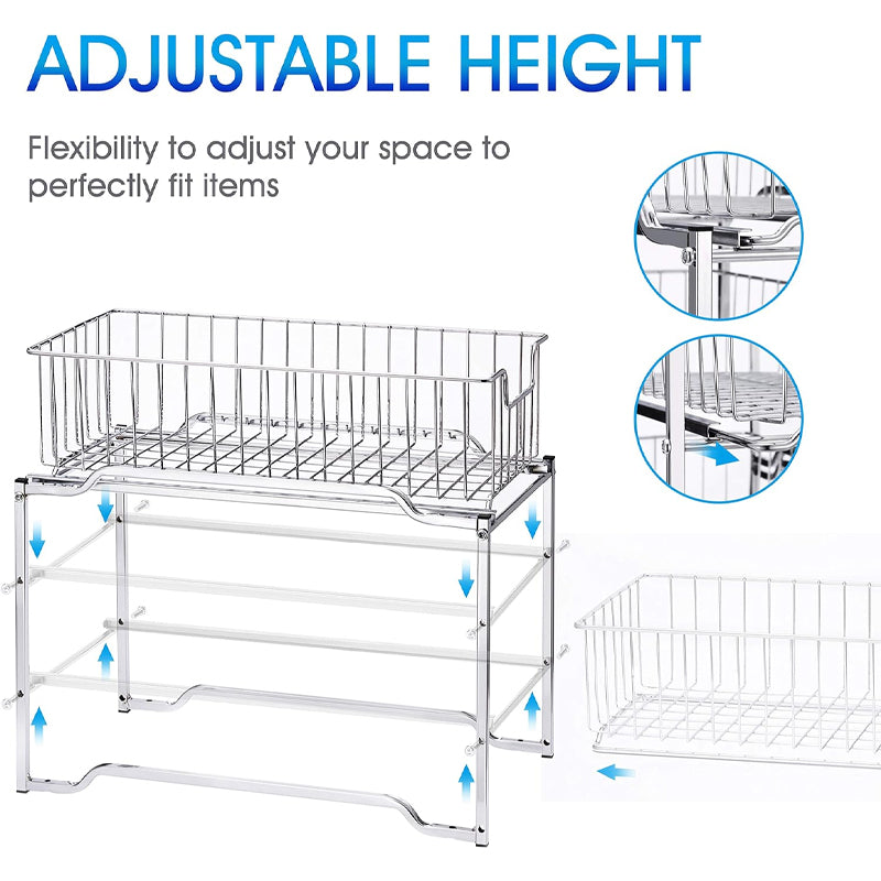 Simple Trending Stackable 2-Tier Under Sink Cabinet Organizer With Sliding Storage Drawer, Chrome