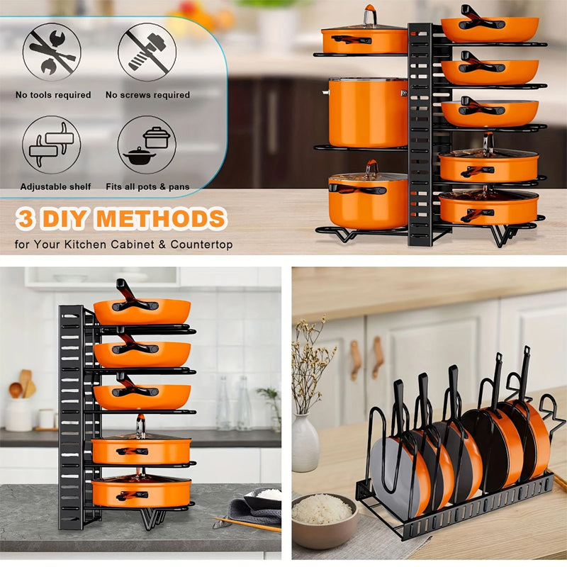 8 Tier Pot Organizer Racks Durable Removable Pot Pan And Lid Cabinet Holder Multi-Functional Kitchen Shelf For Desktop Cabinet