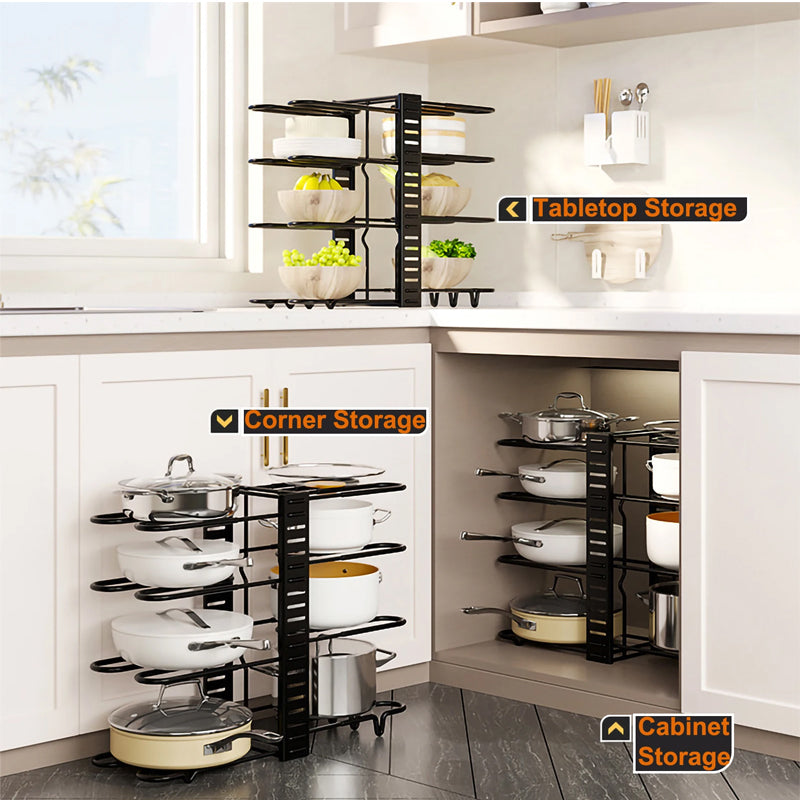 8 Tier Pot Organizer Racks Durable Removable Pot Pan And Lid Cabinet Holder Multi-Functional Kitchen Shelf For Desktop Cabinet