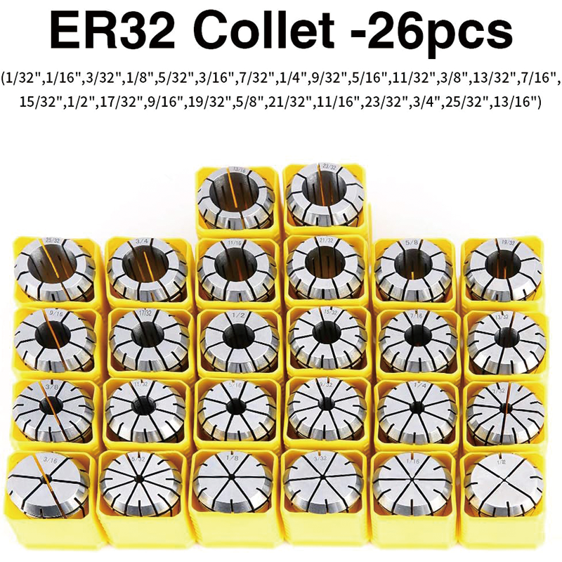 26PCS ER32 Spring Collet Set with 26 Labeled Storage Boxes, for CNC Engraving Machine & Milling Lathe Tool Workholding