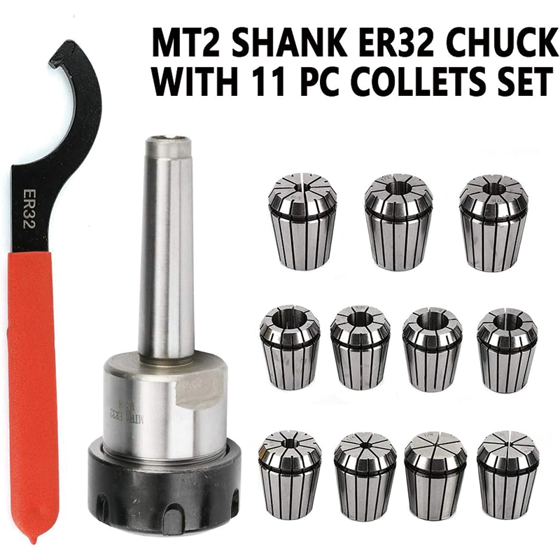 ER32 Collet Set, Lathe Chuck Tool with 11 PCS ER32 Collets, 1PCS MT2 Bridgeport Shank Holder & 1 PCS Wrench