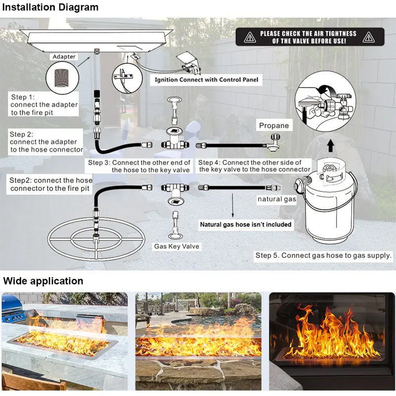 24 x 8 Inch Drop-In Fire Pit Pan Burner Kit, Rectangular Stainless Steel Propane Firepit Pan Kit For Indoor Or Outdoor