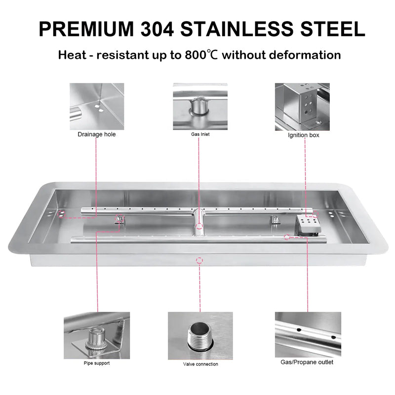 24 x 8 Inch Drop-In Fire Pit Pan Burner Kit, Rectangular Stainless Steel Propane Firepit Pan Kit For Indoor Or Outdoor