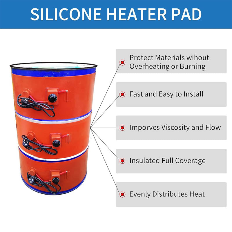 Drum Heating Blanket 55-Gallon Silicone Barrel Heat Pad Warmer Electric 150℃ 120V 10inch Width