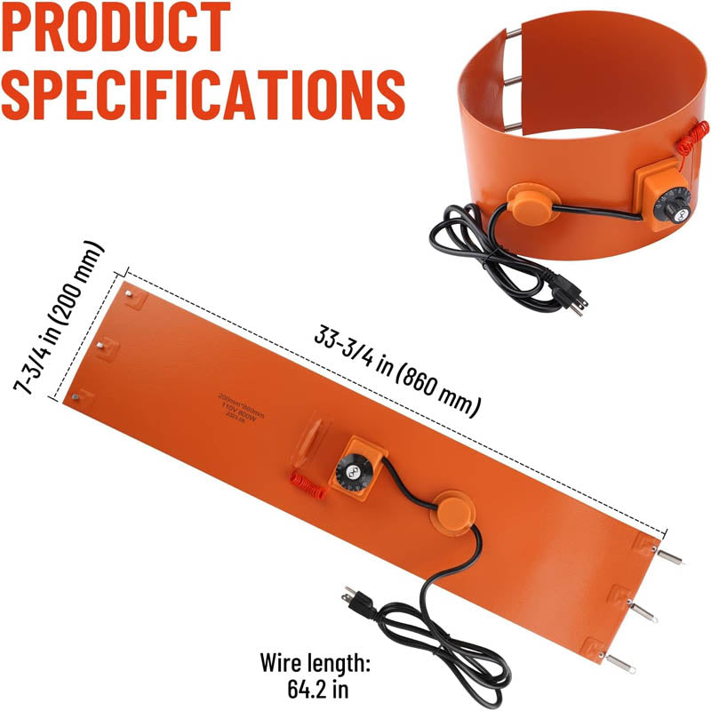 Drum Heating Blanket 5 Gallon Metal Drum Heater 800 Watt 7-3/4 inch Width86-302℉ Adjustable