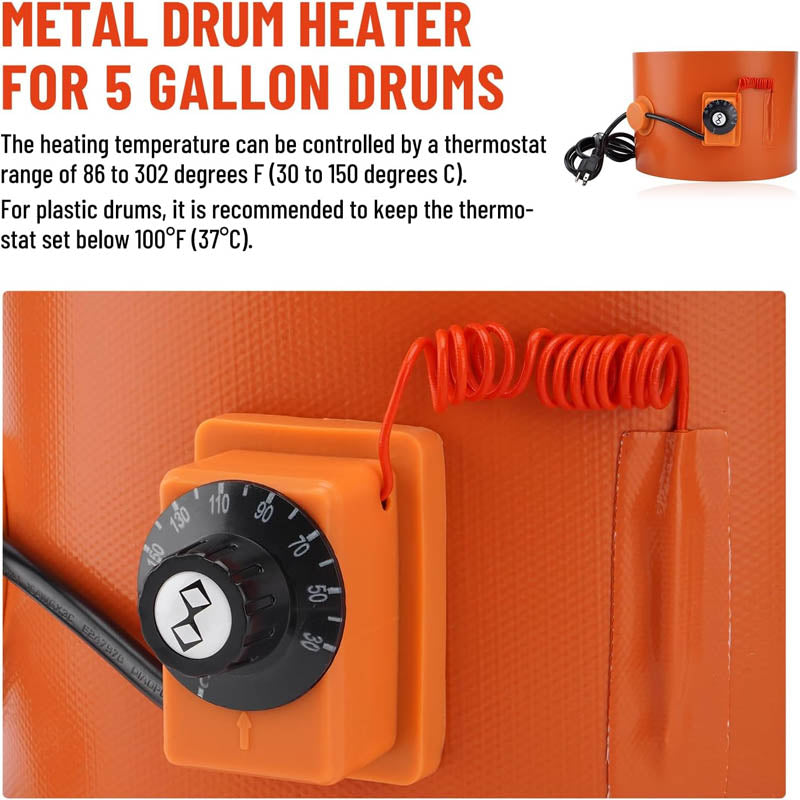 Drum Heating Blanket 5 Gallon Metal Drum Heater 800 Watt 7-3/4 inch Width86-302℉ Adjustable