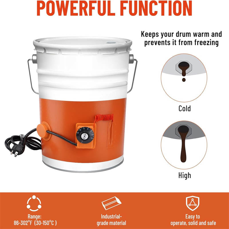 Drum Heating Blanket 5 Gallon Metal Drum Heater 800 Watt 7-3/4 inch Width86-302℉ Adjustable