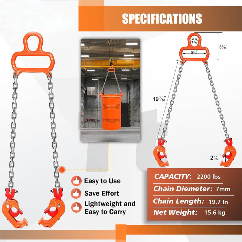 Drum Lifter 2000 lbs Capacity Orange 55 Gallon Drum Clamp Lifting Chain G80 Chain Drum Lifter for Plastic and Metal Drum