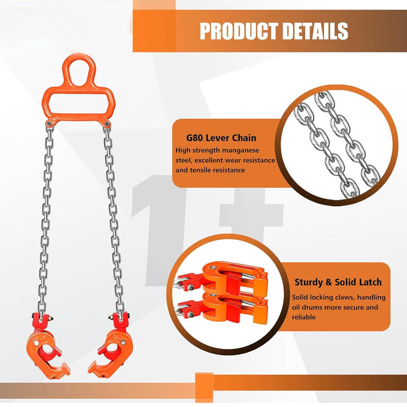 Drum Lifter 2000 lbs Capacity Orange 55 Gallon Drum Clamp Lifting Chain G80 Chain Drum Lifter for Plastic and Metal Drum