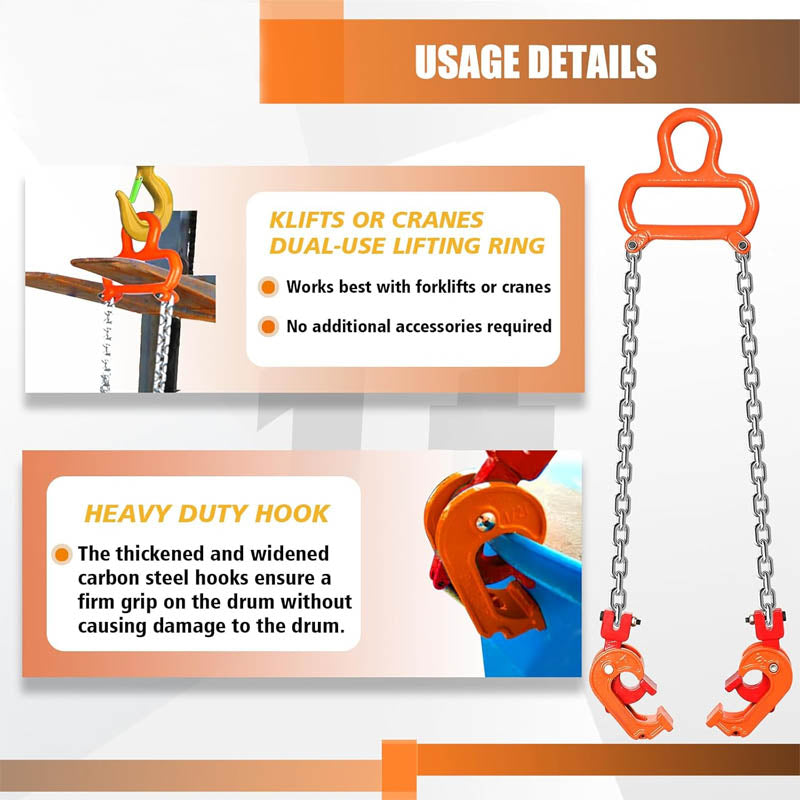 Drum Lifter 2000 lbs Capacity Orange 55 Gallon Drum Clamp Lifting Chain G80 Chain Drum Lifter for Plastic and Metal Drum