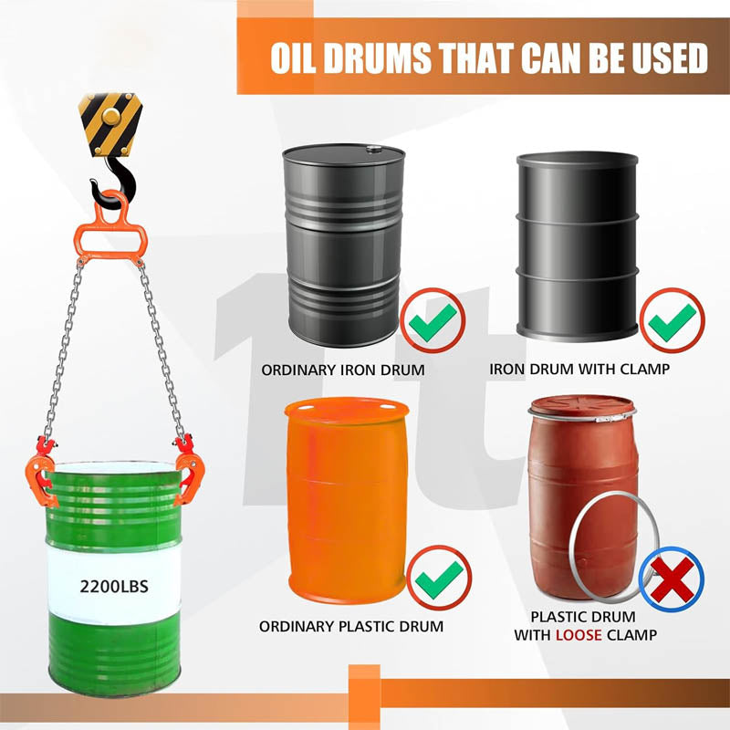 Drum Lifter 2000 lbs Capacity Orange 55 Gallon Drum Clamp Lifting Chain G80 Chain Drum Lifter for Plastic and Metal Drum