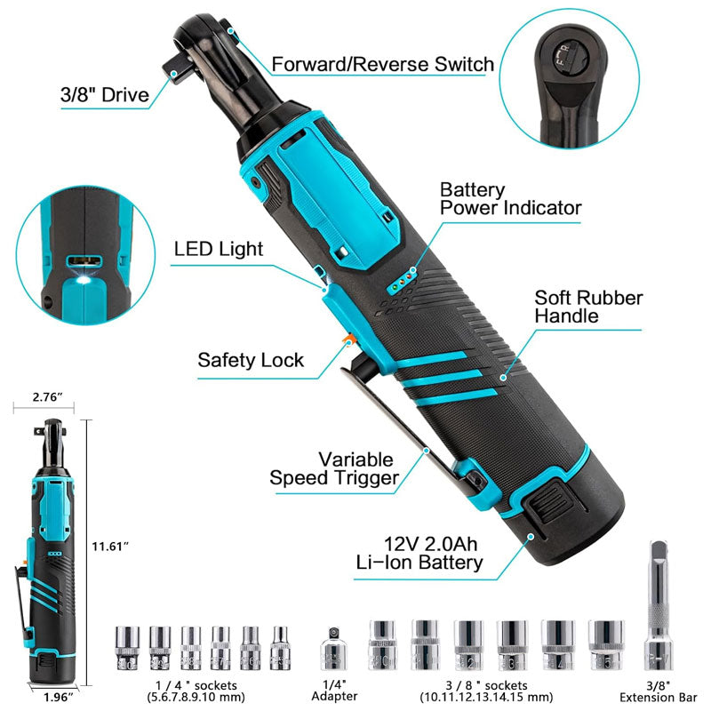 3/8 Inch Cordless Electric Ratchet Wrench Set, 35FT 260RPM 12V Electric Ratchet Tool Kit