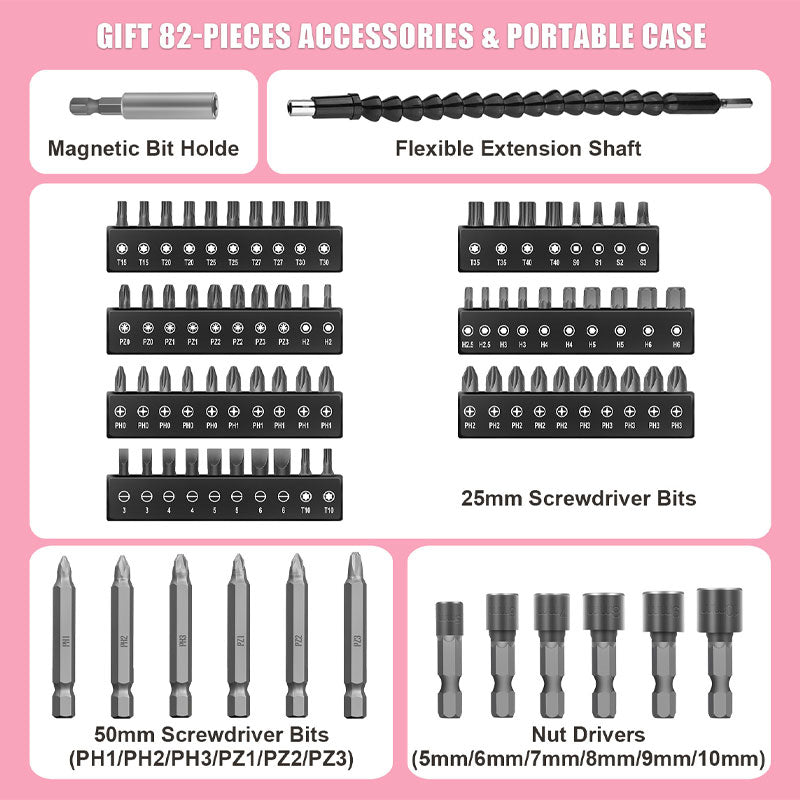 Electric Screwdriver 82pcs 8V Pink Small Electric Screwdriver Set, Cordless Screwdriver And Rechargeable Screwdriver With Screwdriver Bit Set