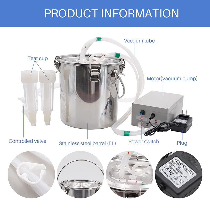 Livestock Milking Supplies with Stainless Bucket 5L Goat Milking Machine Adjustable Pulsation Vacuum Electric Milker Automatic Pulsating Vacuum Pump