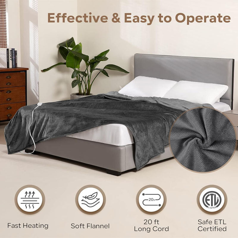 Heated Blanket Electric Throw 84" x 90" Queen Size 6 Heating Levels & 8h Auto Timer Machine Washable Bed Sofa Home Office Use Grey