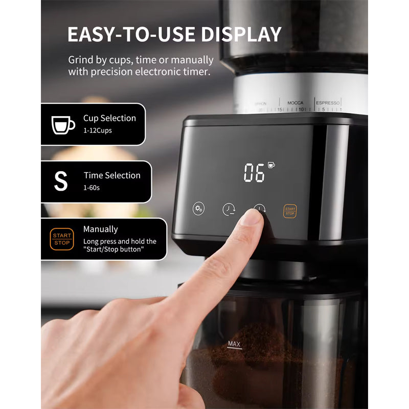 New Conical Burr Coffee Grinder Electric For Espresso With Precision Electronic Timer, Touchscreen Adjustable Coffee Bean
