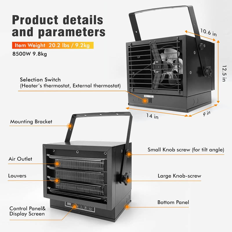 8500W Electric Garage Heater 240v with Remote Control 8-Hour Timer Ideal for Workshop ETL Listed