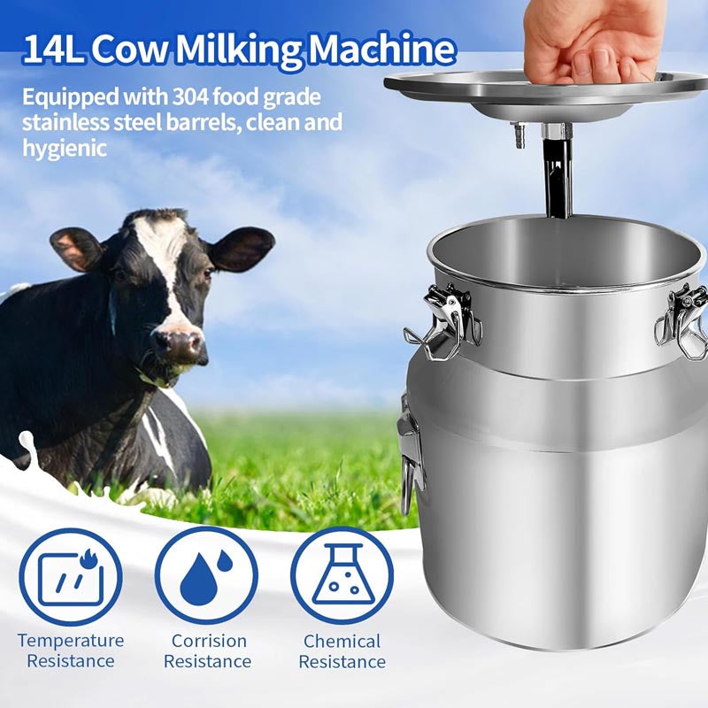 14L Electric Cow Milking Machine 304 Stainless Steel Bucket Portable Plug-in Pulsating Vacuum Pump