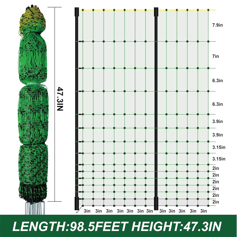 Electric Netting 47.3” x 98.5’ with Posts & Double-Spiked Stakes, Utility Portable Mesh for Chickens, Ducks, Geese, Rabbits