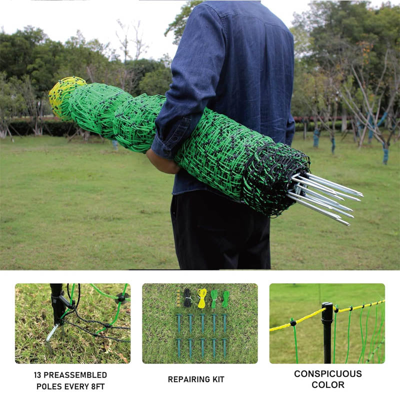 Electric Netting 47.3” x 98.5’ with Posts & Double-Spiked Stakes, Utility Portable Mesh for Chickens, Ducks, Geese, Rabbits