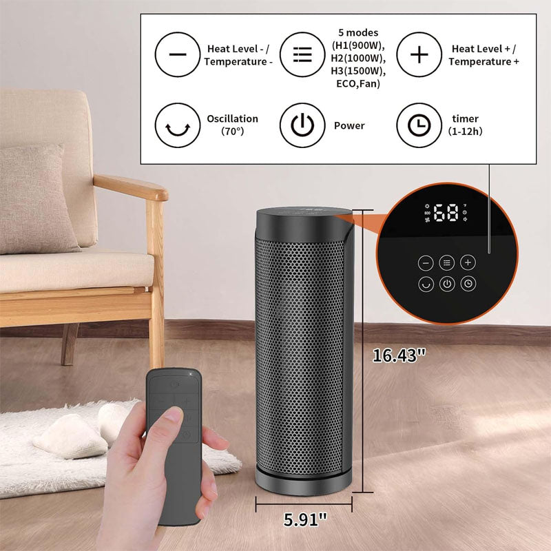 17 Inchs Electric Space Heater with Thermostat Remote Control 70° Oscillating 12H Timer 1500W Quiet PTC Ceramic Heating