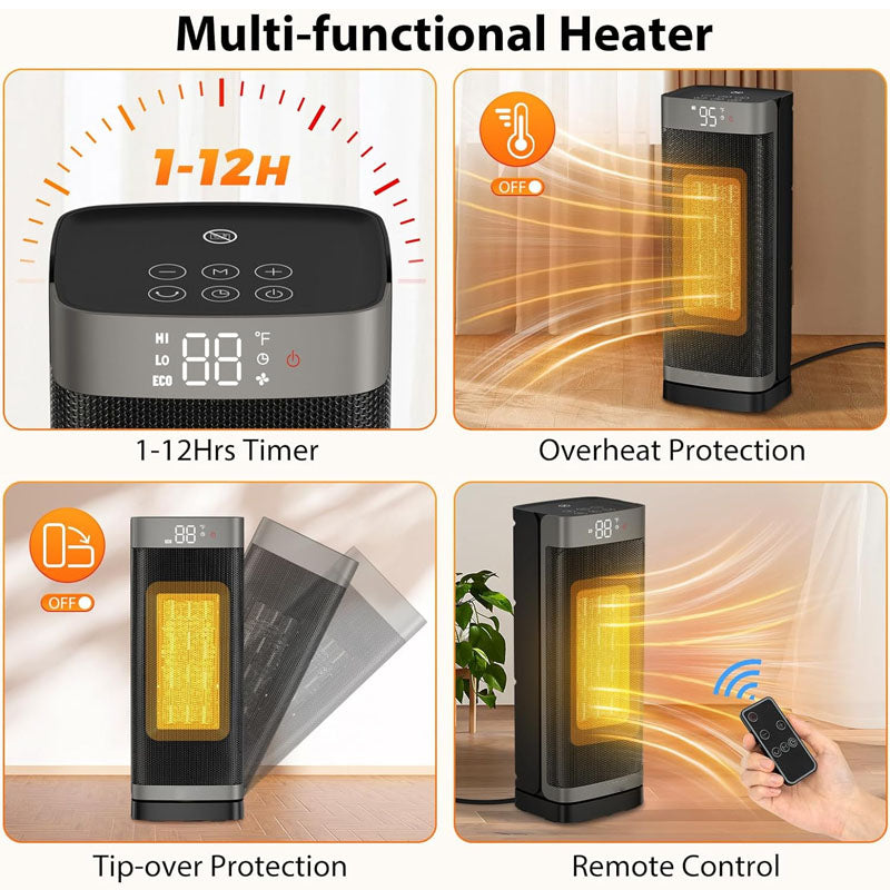 16 inch Electric Space Heaters with Thermostat Remote Control 60°Oscillating 4 Modes 12h Timer