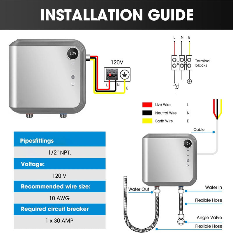 7KW 120V Tankless Water Heater Electric Use a Self - Adjusting Rotatable Digital Display Silver
